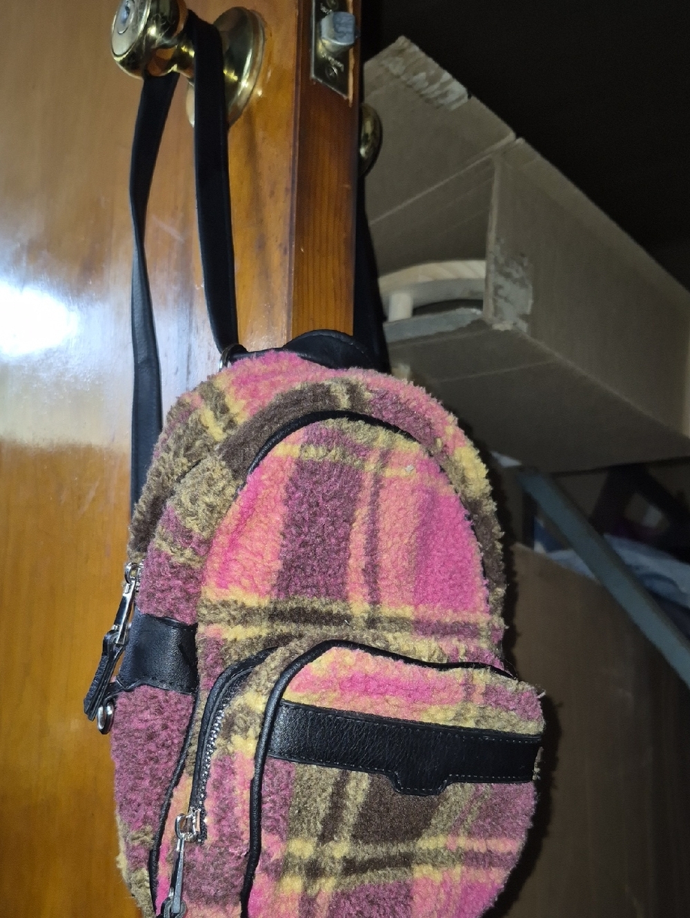Pink Plaid Fuzzy Mini Backpack/Crossbody